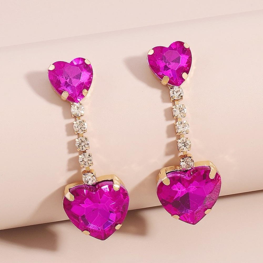 Crystal Double Drop Pink Heart Earrings- NWT